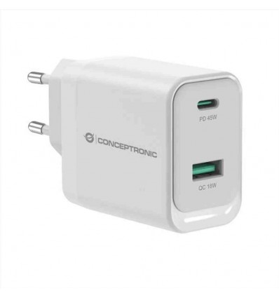 CARICATORE PD USB 2-PORTE 45W GaN, 1x USB-C, 1x USB-A, QC 3.0, PPS, PD 3.0