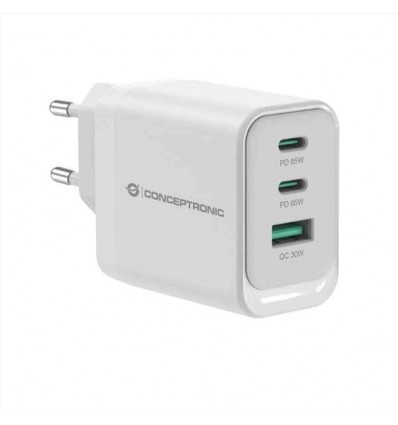 CARICATORE PD USB 3-PORTE 65W GaN, 2x USB-C, 1x USB-A, QC 3.0, PPS, PD 3.0