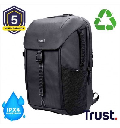 ZAINO LAPTOP/NOTEBOOK FINO A 17" ECO - IMPERMEABILE IPX4 - REALIZZATO CON PET RICICLATO - TRUST JERSEY TRAVEL BACKPACK NERO