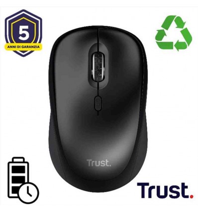 MOUSE WIRELESS SILENZIOSO - PLASTICA RICICLATA 82% - DURATA BATTERIA 12 MESI - TRUST YVI+ - NERO GLOSS