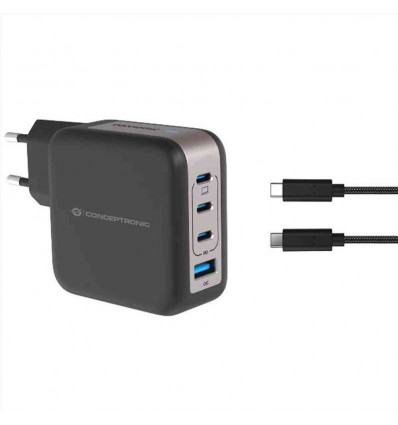 CARICATORE PD USB 4-PORTE 100W GaN con cavo di ricarica USB-C, (3x USB-C, 1x USB-A, QC 3.0, PPS) - NERO