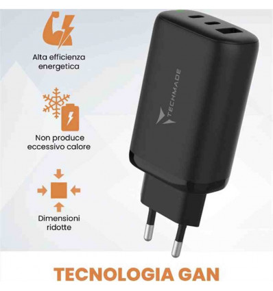 TECHMADE CARICATORE RAPIDO GaN 3PORTE (2 USB-C+1 USB-A) 65 WATT